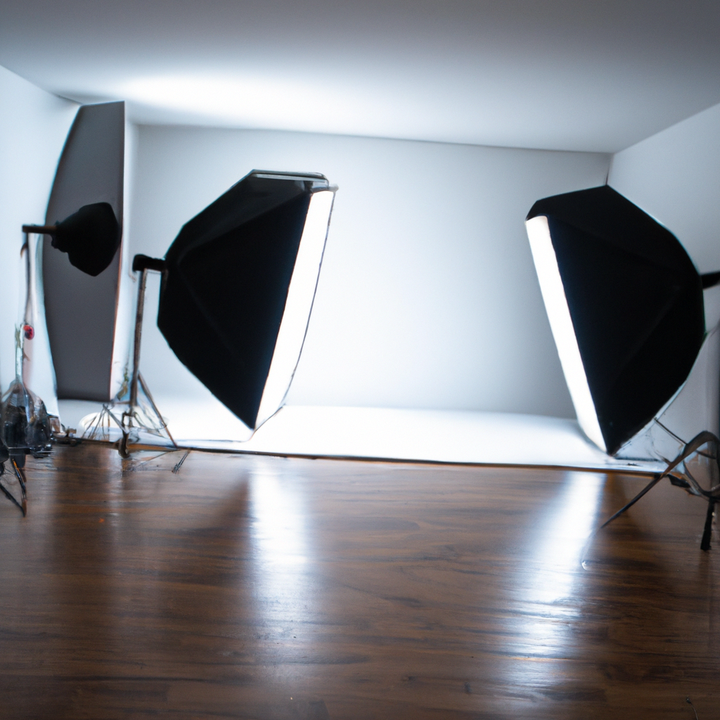 Interior del estudio fotográfico minimalista en Bogotá con luz suave natural, fondos blancos, trípodes y cámaras profesionales
