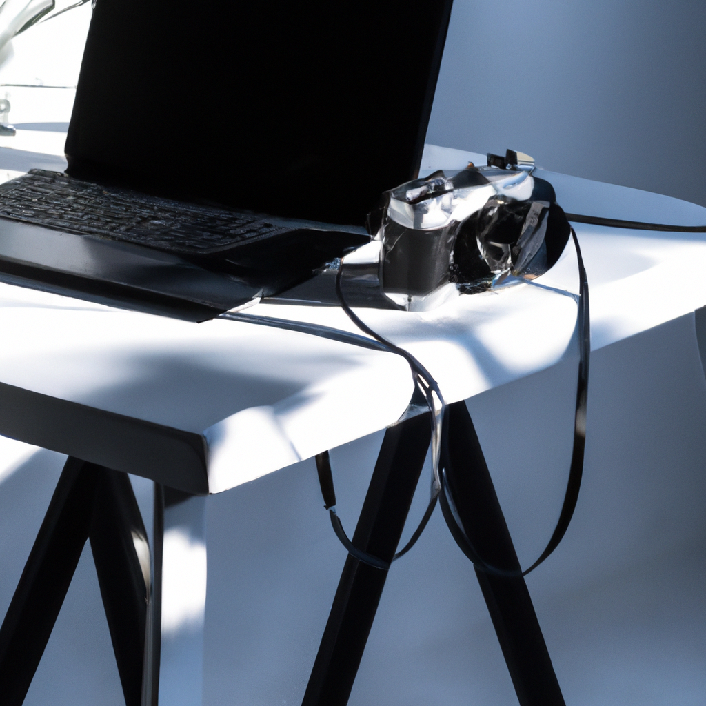 Espacio de trabajo minimalista blanco con lente de cámara y portátil, luz natural suave