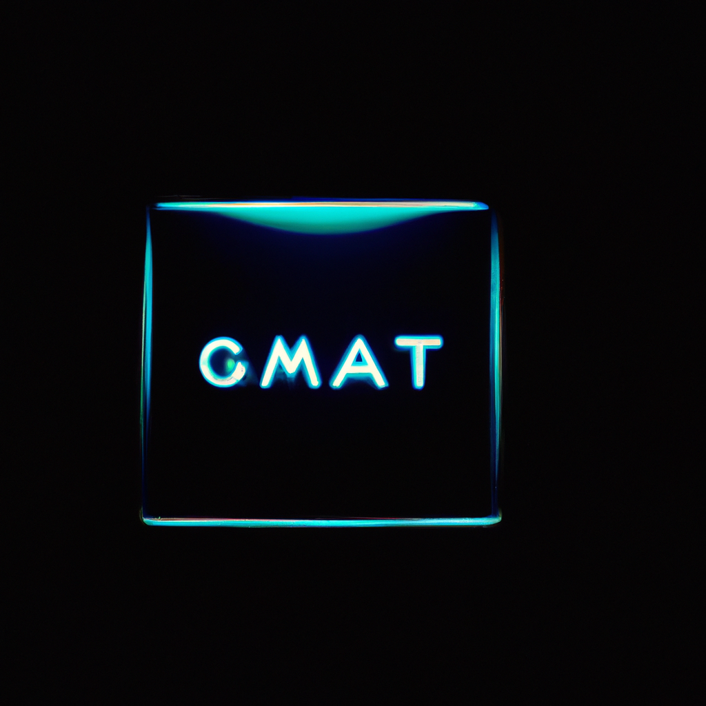 GainOrbit Studio logotipo cuadrado vidrio con neón en borde, sobre fondo oscuro