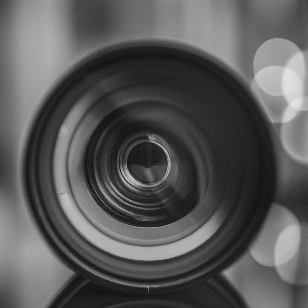 Primer plano en blanco y negro de un lente de cámara profesional con reflejos de bokeh y textura nítida.