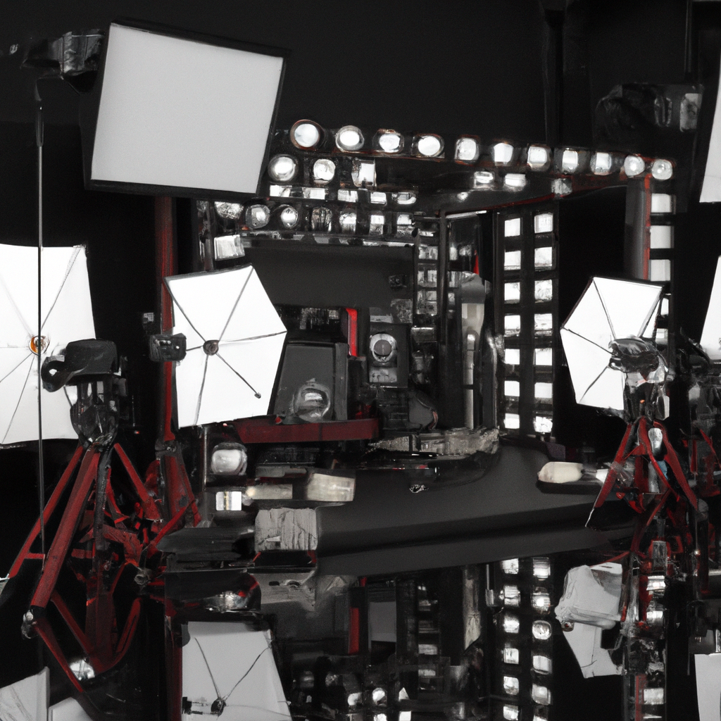 Interior de estudio fotográfico moderno con softboxes, trípodes, fondos y estación de trabajo, luz realista en alta resolución 4K