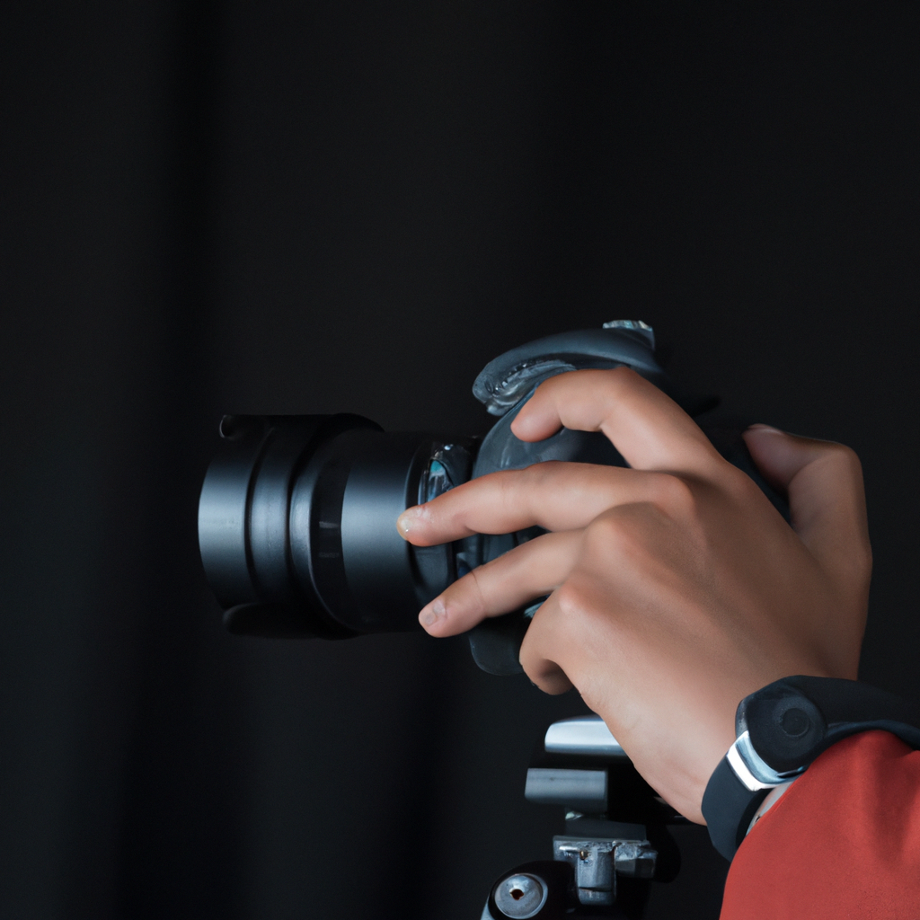 Primer plano de manos ajustando una cámara mirrorless sobre trípode con fondo neutro y luz suave, estilo minimalista