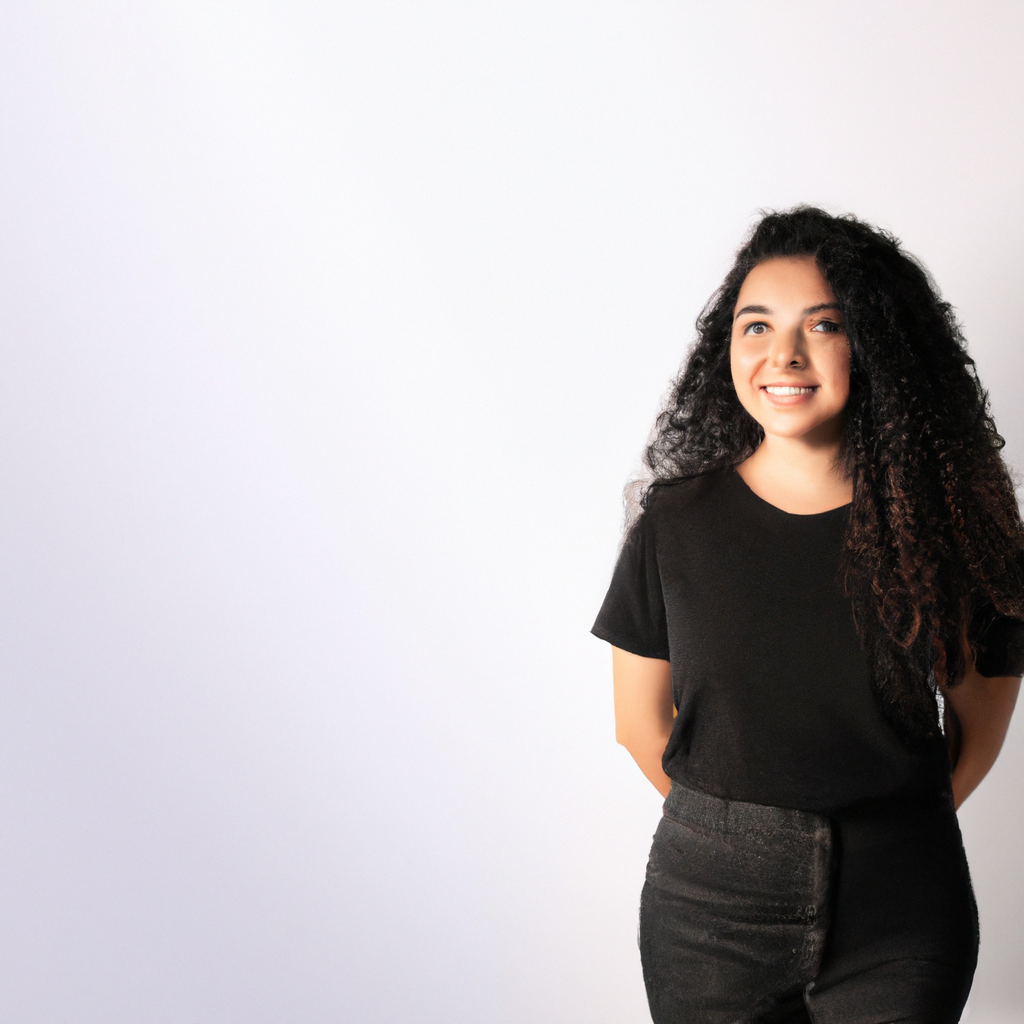 Retrato minimalista de Directora Creativa, mujer sonriente con fondo blanco y luz suave en estudio de fotografía Bogotá