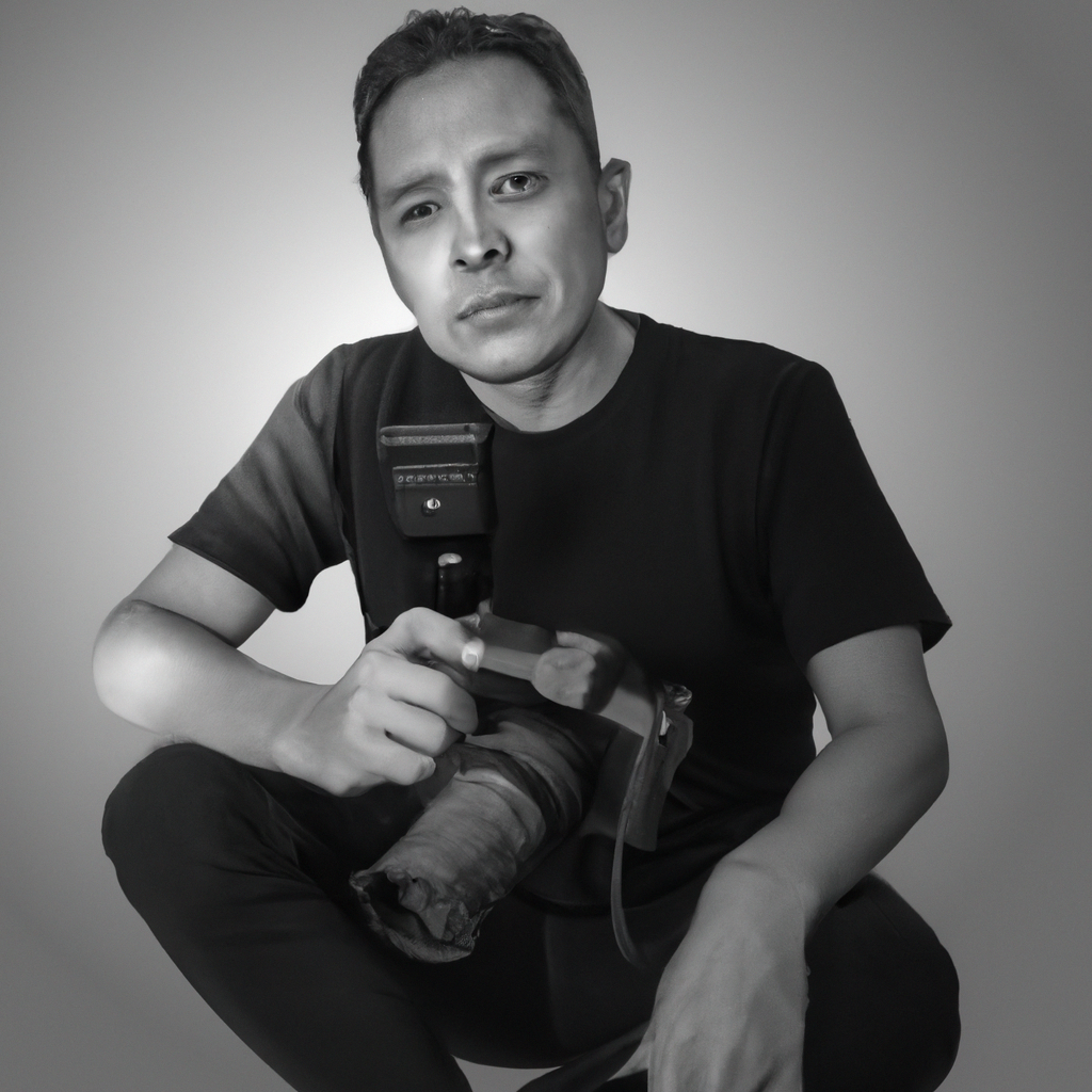 Retrato minimalista de Fotógrafo Principal, hombre con cámara y fondo gris neutro, iluminación lateral suave