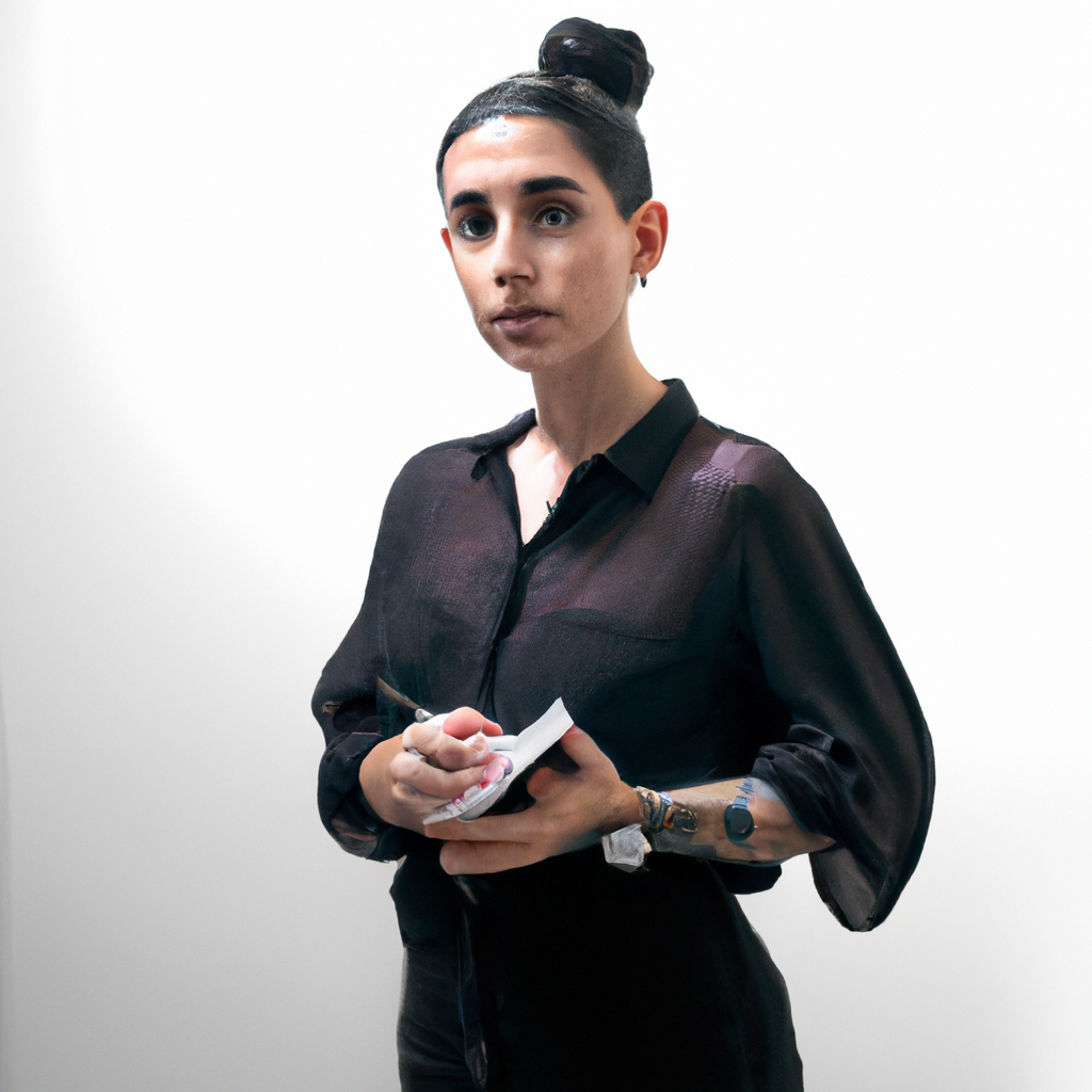 Retrato minimalista de Productora, mujer con tablet revisando plan de producción con fondo claro y utilería ordenada